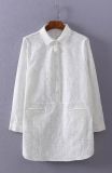 Ladies Blouse Casual Embroidery Fashion Shirt Neck Patch Pocket Middle Sleeve Shirts