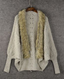 Womens Autumn Winter Knitted Cashmere Feel Faux Fur Collar Trim Wrap Shawl (SP603)
