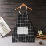 Cotton and Linen Plaid Kitchen Apron for Cooking with Pocket