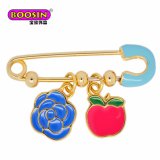 Cheap Price Enamel Flower & Apple Charm Safety Pin Brooch for Dress