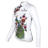 Peacock Patterned White Long Sleeve Elegant Women Cycling Jersey
