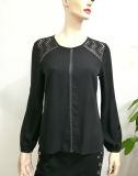 Wholesale Womens Clothing Black Patchwork Chiffon Blouses Long Sleeve Patch Work Blouse Designs