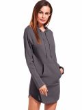 2017 New Designs Grey Curved Hem Hooded Sweatshirts Dress with Pocket