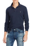 Navy Blue Mens Long Sleeve Terry Cotton Polo Shirts with Logo Embroderied