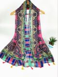 New Style 100%Cotton Voile Retro Styling Print with Fringed Fashion Long Scarves