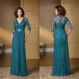 V-Neckline Chiffon Mother Bridesmaid Formal Gown Lace Blue Evening Dress B1445