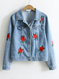 2017 Rose Embroidery Single Breasted Women Denim Jacket