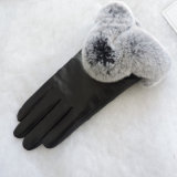 Warm Winter Ladies Rabbit Fur Trim Leather Gloves