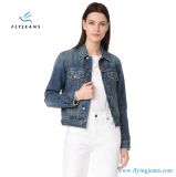 Classic Profile Short Ladies Denim Jean Jacket in Fold-Over Collar and Button Placket