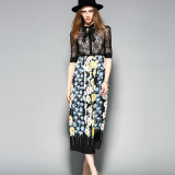 Bright Floral Printed Pleated Ladies Dress with Bowknot &Button &Apparel