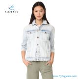 Oversized Women Denim Jacket Styled with Heavy Fraying Worn Spots and Holes
