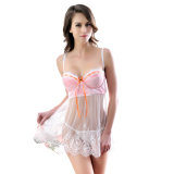 New Design Size White Transparent Bustier Top Babydoll with Sheer Bodice and G-String