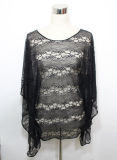 Lady Black Fashion Polyester Knitted Hollow Lace T-Shirt (YKY2226)