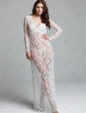 Eaby Hot Sale White Sexy Deep V-Neck Long Sleeve Lace Elegant Long Dress (17010)