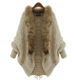 Lady Fashion Faux Fur Collar Acrylic Knitted Winter Cardigan (YKY2021)