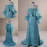 New Fashion Blue Lace Party Dress Evening Gown with Shawl