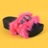 2017 Ladies Indoor Outdoor Fashionable Thick Black Outsole PVC Slide Sandal Faux Fur Slippers