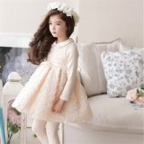 Kd59 High Quality Girls Dress Lace Mesh Flower Princesss Dress Korean Style Girls Autumn Clothes with Beaded Doll Collar and Sash
