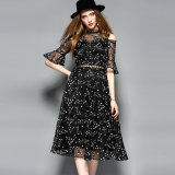 A-Line Embroidered Lace Trim Ladies Dress with Zipper