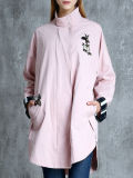 Round Collar Ladies Jacket with Embroidering Long Waist Jacket
