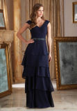 Ruched Beading Belt Layered Skirt Navy Blue Chiffon Evening Dress