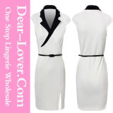 White Collared Front Split MIDI Dress with Belt