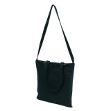 Zipper Closure Black Canvas Shoulder Tote Bag with Inner Pockets