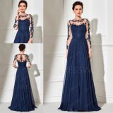 Formal Long Sleeves Navy Blue Lace and Chiffon Evening Gown