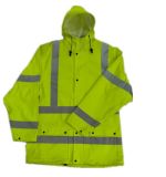 PU Coated Hooded Yellow Reflective PU Raincoat/Safety Clothing