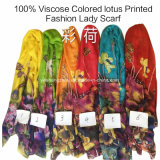 100% Viscose Hot Sale Fashion Ladies Colored Lotus Printed Scarf