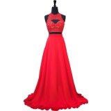 Stock Custom Prom Party Gown Black Red Chiffon Lace Bridesmaid Evening Dress E201815