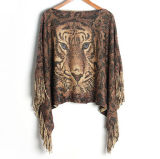 Womens Sweater Cardigan Wraps Lurex Tiger Printing Winter Knitted Shawls Poncho (SP611)