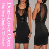 Black Bodycon Drees with Mesh and Faux Leather Trim