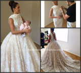 Bateau Lace Bridal Ball Gown Deep V-Back Detachable Train Luxury Flowers Wedding Dress G1783