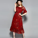 Red Floral Print Elastic Waist Long Dress for Women