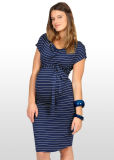Blue & Silver Striped Bamboo Maternity Evening Dress