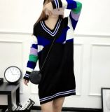 Loose Large Color Stripe Large V-Neck Knitted Long Sweater (BTQ230)