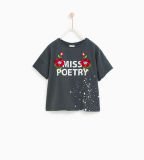 Factory Girl's Flowers Embroidery and Printed T Shirt