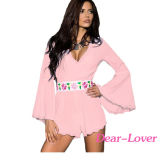 Pink Bell Sleeve Scalloped Lace Trim Belted Playsuit