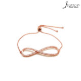 Adjustable Size Cooper Cushion Diamond Bow Charms Chain Bangle Bracelet in Rose Gold