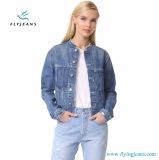 Ladies Frayed Edges and Contrast Sleeve Patches Denim Jeans Jackets