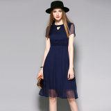 Summer Clothes Women Silk Pleated Dress with Front Triangle Hole