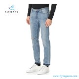 Men's Whiskered Teared Stonewashed Denim Jeans with Frayed Leg Openings