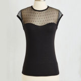 Summer Sexy Black Lace and Cotton T Shirt for Women