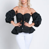 Fashion Women Sexy off Shoulder Puff Sleeve Pleated T-Shirt Blouse