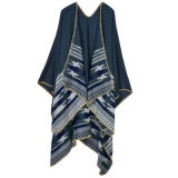 Women's Color Block Open Front Blanket Poncho Geometric Cashmere Cape Thick Warm Stole Throw Poncho Wrap Shawl (SP214)
