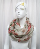 Fashion Lady Flower Printed Polyester Voile Infinity Silk Scarf (YKY1057-3)