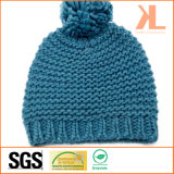 100% Winter Warm Acrylic Knitted Blue Hat with Pompom