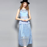Blue Water Solution Hole Hollow out Sleeveless Women MIDI Dress