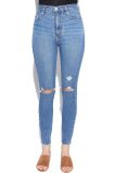 Ladies Skinny Elastic Jeans with Destroyed Holes on Knee